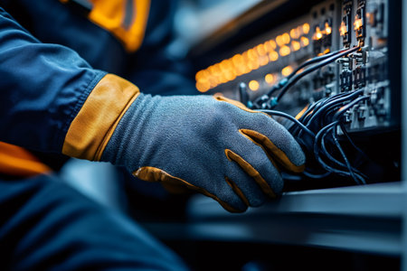 Electrician wearing protective gloves connecting wires in server rack, performing maintenance and installation in data centerの素材