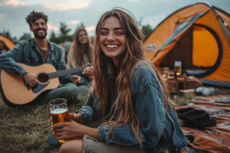 Young woman enjoys a beer at an outdoor campsite, laughing and listening to friends playing guitarの素材