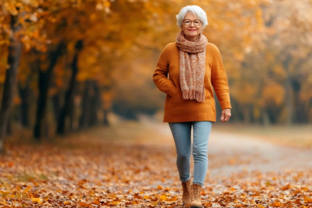 Happy elderly woman walking in a park during autumn, enjoying the colorful foliage and crisp airの素材