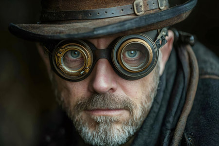 Portrait of a steampunk inventor wearing goggles and a top hat, giving a serious expression in a dimly lit environmentの素材