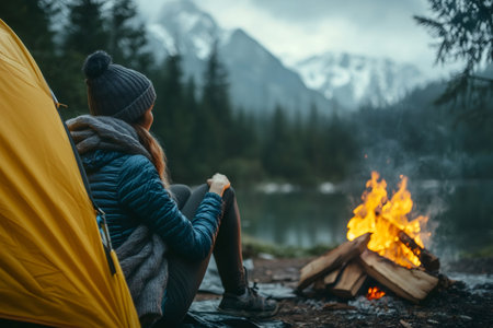 Woman enjoying the warmth of campfire near lake and tent, surrounded by a tranquil mountain viewの素材