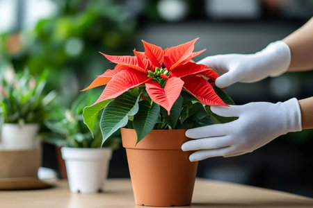 Gardener taking care of a poinsettia pulcherrima plant in terracotta pot for Christmas decorationの素材