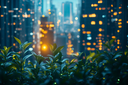 Green plants growing on rooftop garden with blurred cityscape lights in backgroundの素材