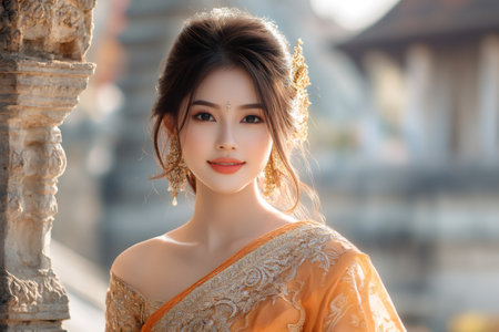 Young woman wearing traditional clothing and jewelry posing near a stone pillar in a templeの素材