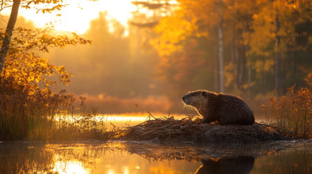 Wild beaver enjoying sunrise, sitting on its lodge built on the lake in colorful autumn sceneryの素材