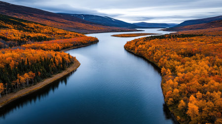 Breathtaking aerial view of a winding river flowing through a vibrant autumn forest, creating a picturesque scene of nature's beautyの素材