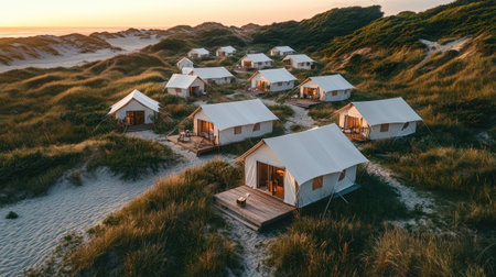 Luxurious glamping tents offer a serene retreat amid coastal dunes, creating a tranquil escape at sunsetの素材