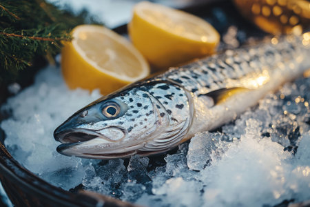 Fresh fish lying on ice near lemon slices and pine branches, ready for cookingの素材