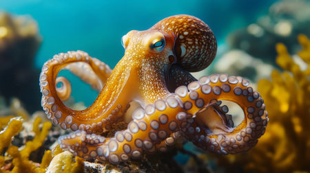 Curious octopus showing tentacles with suckers in the oceanの素材