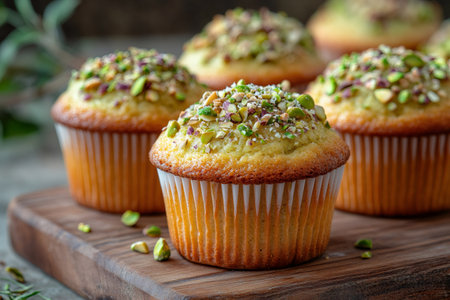 Freshly baked pistachio muffins decorated with chopped pistachios on a wooden cutting boardの素材