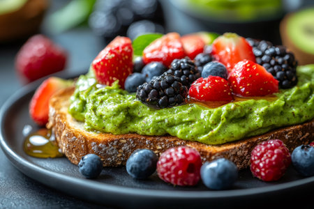 Whole wheat toast with kiwi cream, decorated with strawberries, blueberries, raspberries and blackberries, drizzled with honey, creating a vibrant and nutritious breakfast optionの素材