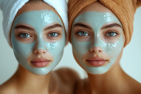Two models are enjoying a spa treatment with a facial clay mask, promoting healthy skin and relaxationの素材