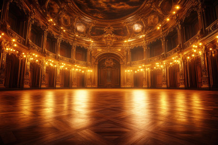 Polished wooden floor gleaming in golden light in an opulent baroque ballroom, showcasing luxurious interior designの素材
