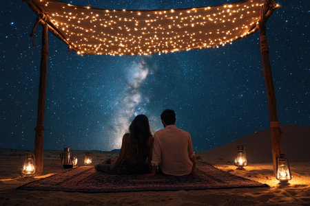 Couple enjoying romantic night under milky way in desert campの素材
