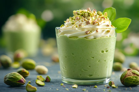 Pistachio mousse is topped with whipped cream, chopped pistachios, and basil leavesの素材