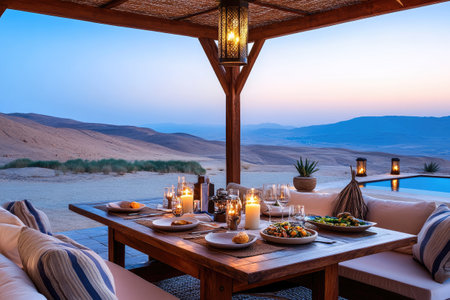 Wooden table set for a romantic dinner under a canopy, overlooking a tranquil desert landscape at twilight, with a pool in the backgroundの素材