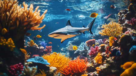 Underwater wildlife thriving in a vibrant coral reef ecosystem with a gray reef shark swimming peacefully among colorful fishの素材