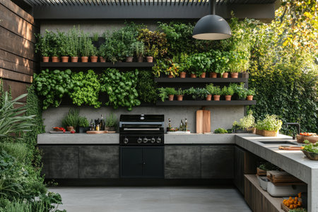 Stylish outdoor kitchen featuring a vertical herb garden, creating a seamless blend of nature and culinary functionalityの素材