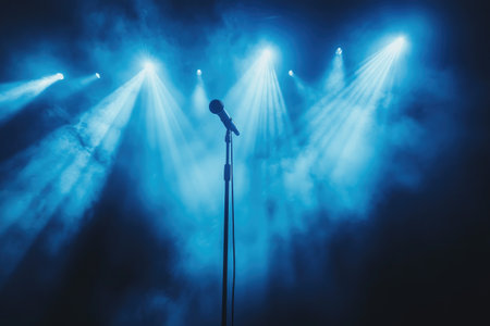 Microphone on stage illuminated by blue spotlights and filled with smoke, creating a dramatic atmosphere for a live performanceの素材