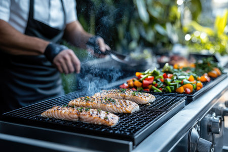 Professional chef grilling salmon fillets and vegetables on a barbecue grill during an outdoor catering eventの素材