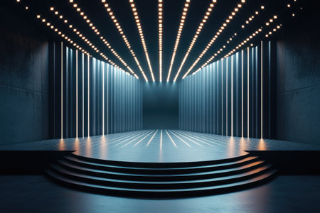 Empty futuristic stage with glowing lights and concrete walls, perfect for product presentations or eventsの素材