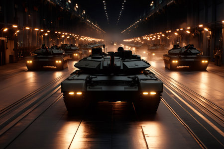 Several military tanks are parked in a row inside a large garage, their headlights illuminating the scene, creating a powerful image of military readinessの素材