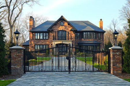 Large suburban home showcasing elegance and affluence with its brick exterior, wrought iron gate, and paver drivewayの素材