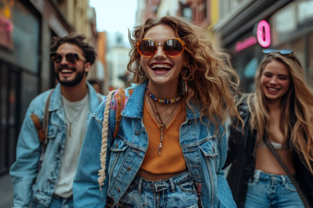 Group of cheerful young friends walking down the street, enjoying their time togetherの素材