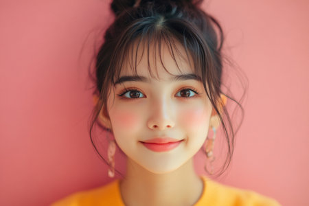 Portrait of a cheerful influencer showcasing a trendy makeup look and hairstyle, exuding confidence against a vibrant pink backdropの素材