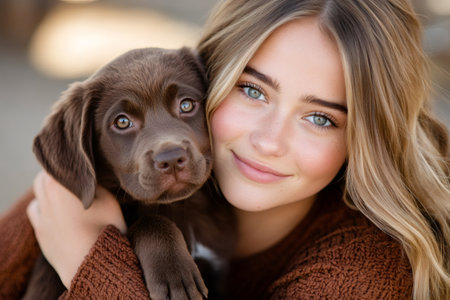 Close up of smiling teenage girl embracing her adorable chocolate labrador puppy, showcasing the bond between humans and animalsの素材