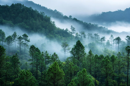 Evergreen pine trees covering rolling hills on a foggy morningの素材