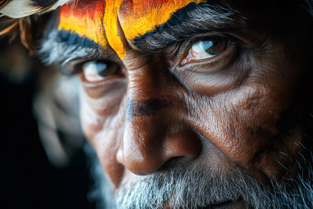 Close up portrait capturing the intense gaze of an indigenous man adorned with vibrant face paint and feathers, symbolizing his rich cultural heritageの素材