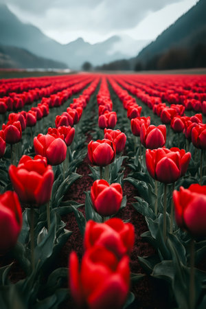 Rows of vibrant red tulips create a stunning visual contrast against the backdrop of majestic mountains under a cloudy skyの素材
