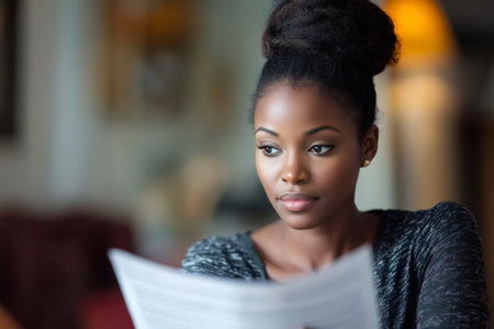 Concentrated businesswoman reviewing paperwork, showcasing focus and professionalism in a home office settingの素材
