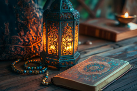 Ornate lantern illuminating the Quran and prayer beads, creating a spiritual atmosphere of devotion during Ramadanの素材