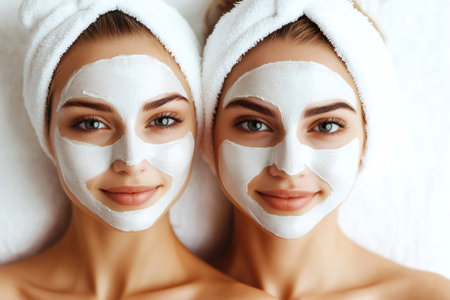 Two models are lying on white towels with white clay facial mask and hair wrapped in white towelsの素材