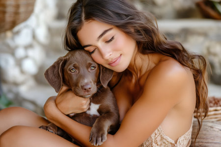 Young woman cuddling brown puppy outdoors, enjoying a peaceful moment of connection and affectionの素材