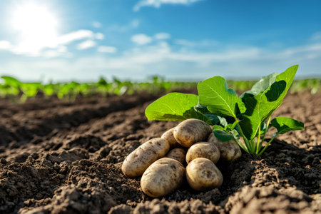 New potatoes harvested from a farm field lie on the ground with a potato plant, representing growth and abundanceの素材