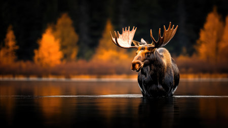 Majestic moose taking a bath in a lake at sunset with autumn foliage in the backgroundの素材