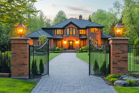 Luxury brick house with open gates at dusk showing driveway and landscapingの素材