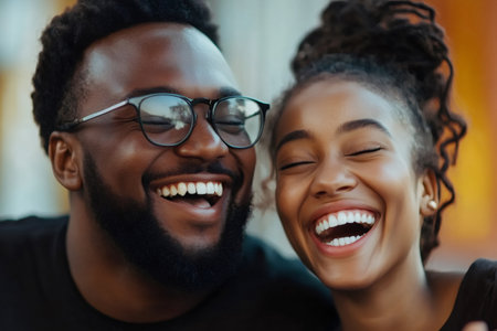 Close up of a cheerful young couple laughing and showing perfect teethの素材