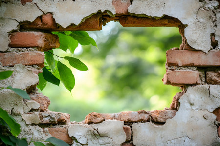 Green leaves growing on old cracked brick wall with hole showing blurred green backgroundの素材