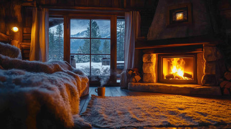 Warm and inviting log cabin interior with a burning fireplace and a hot drink, perfect for a cozy winter getawayの素材