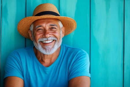 Portrait of a cheerful, stylish senior man with a big smile, enjoying his retirement in a vibrant, tropical settingの素材