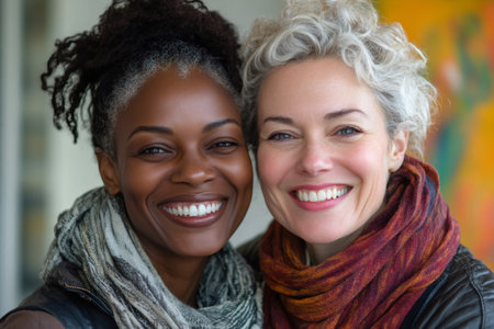 Two mature female friends showing a beautiful toothy smile and gray hair, demonstrating a cheerful and friendly attitudeの素材