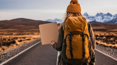 Young backpacker hitchhiking on a scenic mountain road holding a blank cardboard signの素材
