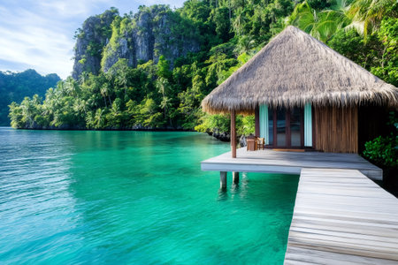 Wooden bungalow with thatched roof stands over crystal clear turquoise water, offering a luxurious escape in a serene tropical settingの素材