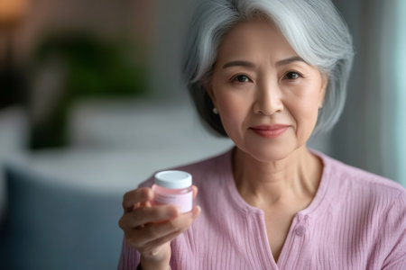 Portrait of beautiful smiling senior woman holding cosmetic cream, enjoying skincare treatment at homeの素材