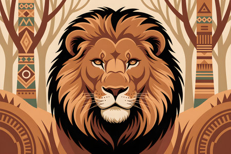 Lion portrait emerging from an ethnic background with warm colors, ideal for projects related to wildlife, nature, and African cultureの素材
