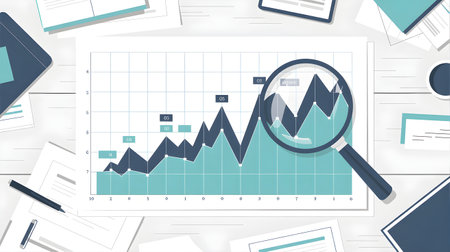 Magnifying glass inspecting a growth chart on a desk, suggesting detailed financial analysis and positive business trendsの素材